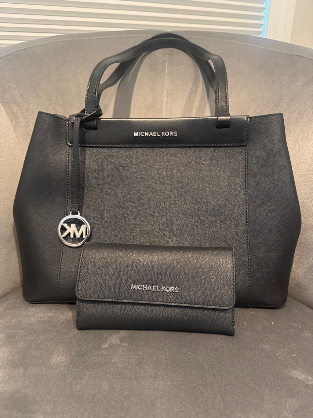 Michael Kors Black Saffiano Tote With Matching Wallet And Silver Charm